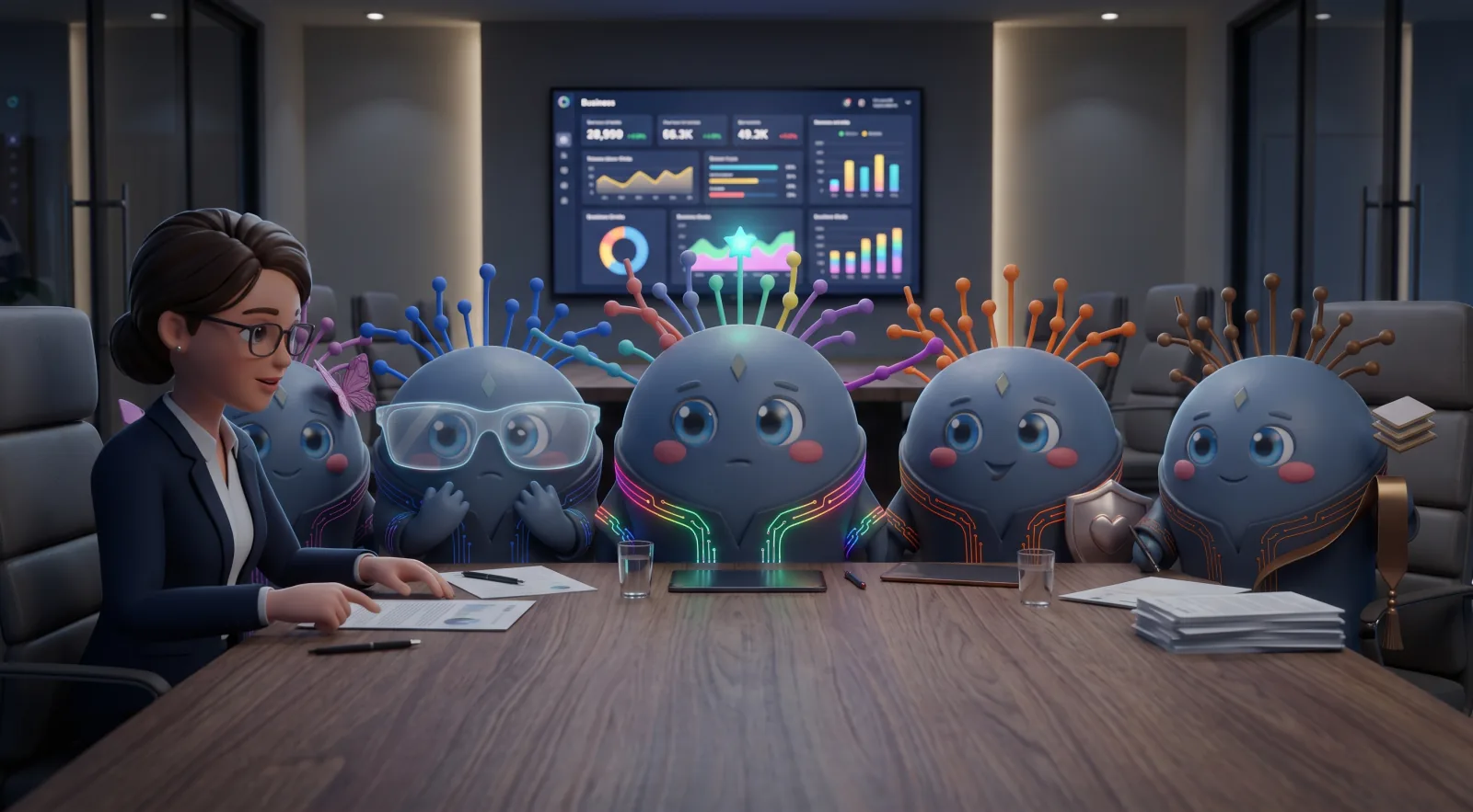 Adriana Rocha, the founder, at the head of a meeting table with five Thinkers seated beside her: Alma, Klima, Nodi in the centre, Ward and Kora, with a business dashboard on the wall behind them.