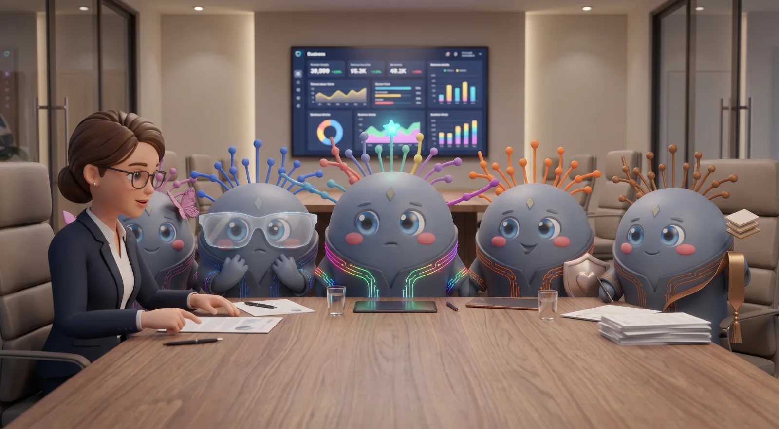 Adriana Rocha, the founder, at the head of a meeting table with five Thinkers seated beside her: Alma, Klima, Nodi in the centre, Ward and Kora, with a business dashboard on the wall behind them.